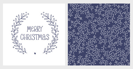 Cute Hand Drawn Christmas Vector Card and Floral Pattern. White Branches on a Dark Blue Background. Dark Blue Hand Written Merry Christmas, Heart and Lovely Wreath. White Background. 