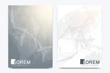 Modern vector template for brochure, leaflet, flyer, cover, banner, catalog, magazine, or annual report in A4 size. Futuristic science and technology design. Geometric graphic background molecule