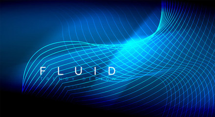 Neon glowing fluid wave lines, magic energy space light concept, abstract background wallpaper design, ripple texture illustration