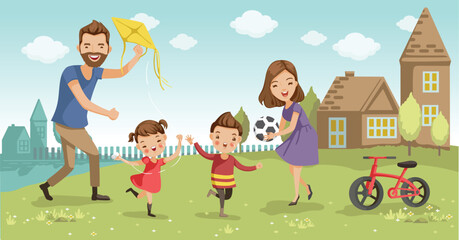 Family fun at home. father, mother, son and daughter are playing together happily, kite surfing, biking, evenings in the summer activity shared by the family. family relationship, parenting. Vector