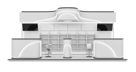 Exhibition stand with illuminated back, frieze and tables. 3d illustration