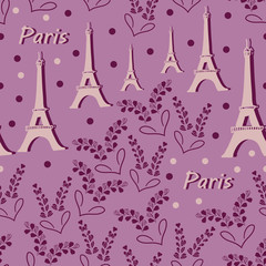 Fototapeta na wymiar Eiffel tower and Lavender Flowers-Love in Parise Seamless Repeat Pattern Background