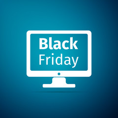 Monitor with Black Friday Sale on screen icon isolated on blue background. Flat design. Vector Illustration