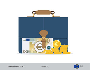 Briefcase with 200 Euro Banknote. Flat style vector illustration. Corporate business concept.