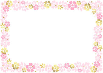 Obraz na płótnie Canvas Decorative frame of pink and golden flowers and leaves on white background for decoration, invitation or wedding, poster, valentines day, valentine, lettering or text, advertising, flower shop
