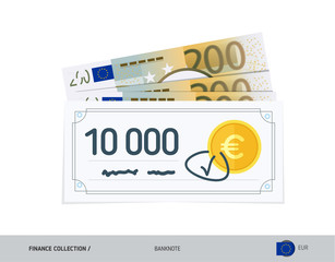 Bank check with 200 Euro Banknotes. Flat style vector illustration. Finance concept.