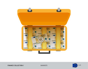 Yellow case with 200 Euro Banknotes. Flat style vector illustration. Salary payout or corruption concept.