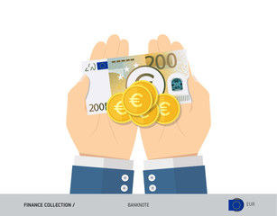 200 Euro Banknote and coins in the palm of hands. Flat style vector illustration. Finance concept.