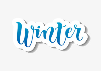 Modern calligraphy of Winter in blue gradient with white outline and shadow in paper cut style on white background  for decoration, calendar, poster, banner, postcard, sticker, greeting card, decor