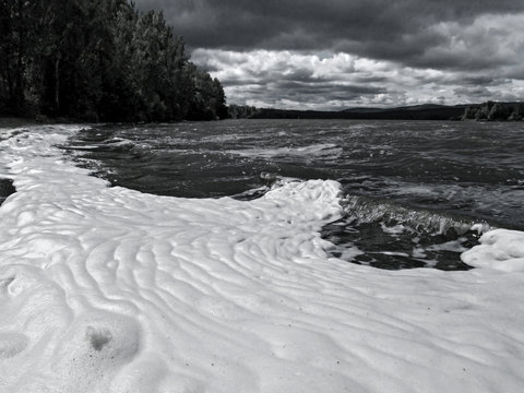 View of the lake from the beach, covered with a large surface of white foam. Unusual summer black and white water landscape. Concept of pollution of nature and a ecology problems of the environment.