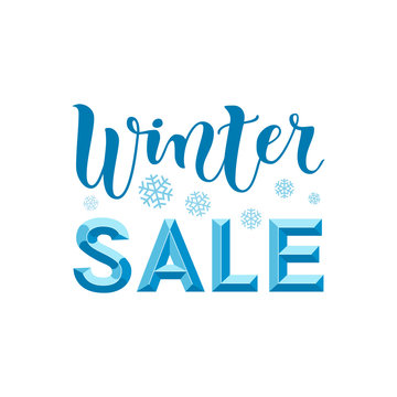 Modern calligraphy lettering of Winter Sale 3d in blue on white background with snowflakes for advertising, flyer, poster, banner, shop, catalogue, hand bill