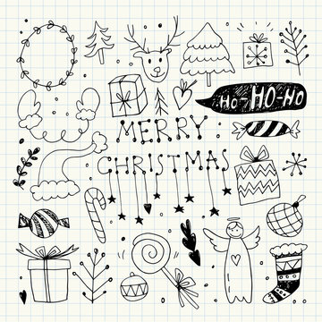 Christmas Doodle Collection. Vector Illustration. Pencil Drawing. Hand Drawn, Hand Lettering.