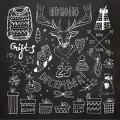 Chalkboard Christmas Doodle Collection. Vector Illustration. Chalk Drawing. Hand Drawn, Hand Lettering.