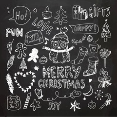 Chalkboard Christmas Doodle Collection. Vector Illustration. Chalk Drawing. Hand Drawn, Hand Lettering.