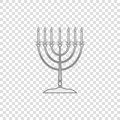 Silver Hanukkah menorah isolated object on transparent background. Religion icon. Hanukkah traditional symbol. Holiday religion, jewish festival of Lights. Flat design. Vector Illustration