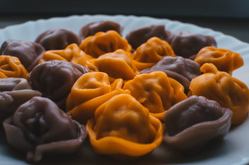 Colored dumplings on a white plate close up