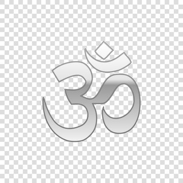 Silver Om or Aum Indian sacred sound isolated on transparent background. Symbol of Buddhism and Hinduism religions. The symbol of the divine triad of Brahma, Vishnu and Shiva. Vector Illustration