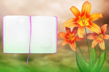 Beautiful live lily with opened note book with blank place for your information on left on colored sky with clouds background. Floral spring or summer flowers concept.