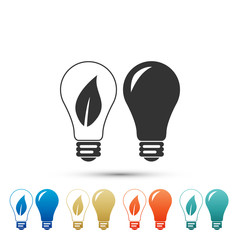 Naklejka premium Classic Lamp and Light bulb with leaf inside icon isolated on white background. Lighting electric lamp. Green eco energy concept. Set elements in colored icons. Flat design. Vector Illustration