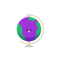 Cute purple green globe character smiling, symbol of environment, geography and planet earth. Happy humanized education and back to school symbol with facial emotions. Vector isolated illustration