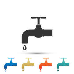 Water tap with a falling water drop icon isolated on white background. Set elements in colored icons. Flat design. Vector Illustration