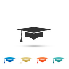 Graduation cap icon isolated on white background. Graduation hat with tassel icon. Set elements in colored icons. Flat design. Vector Illustration