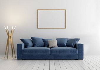 Interior with blue sofa, 3d rendering