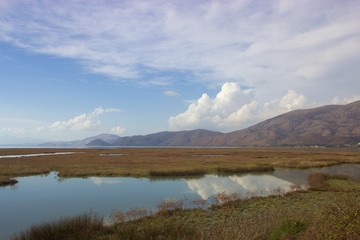 Fototapeta na wymiar View of the wetland of kalamas river delta in Sagiada village in Thesprotia Greece in the afternoon