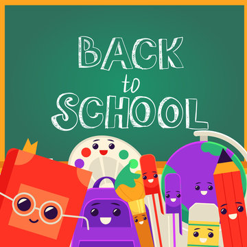 Back to school banner vector illustration with various stationery items cartoon characters with happy face emotions against chalkboard with sign - smiling school supplies.