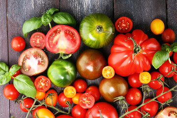 various colorful tomatoes and basil leaves on rustic table.