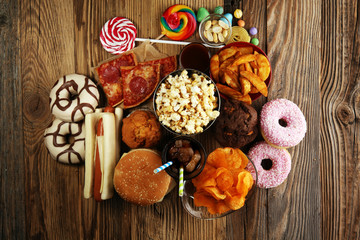 Unhealthy products. food bad for figure, skin, heart and teeth.