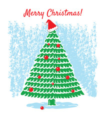 A Merry Christmas a card. Tall Christmas tree in the snow decorated with red baubles and a Santa hat on top.