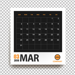 March 2019 calendar in realistic photo frame with shadow isolated on transparent background. Event planner. All size. Vector illustration