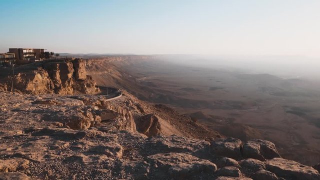 Makhtesh Ramon Crater in the Negev desert, Israel. Crane shot, 4k.