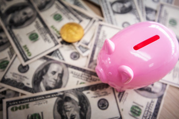 Pink picky bank on dollar banknote, money invest and saving concept 