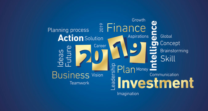 Investment New Year 2019 gold white word cloud blue board background