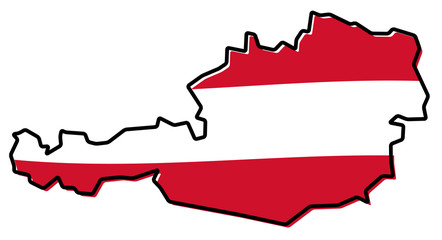 Simplified map of Austria outline, with slightly bent flag under it. - obrazy, fototapety, plakaty