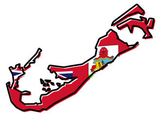 Simplified map of Bermuda outline, with slightly bent flag under it.