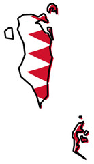 Simplified map of Bahrain outline, with slightly bent flag under it.