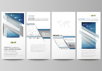 Flyers set, modern banners. Business templates. Cover design template, abstract vector layouts. Geometric blue color background, molecule structure, science concept. Connected lines and dots.