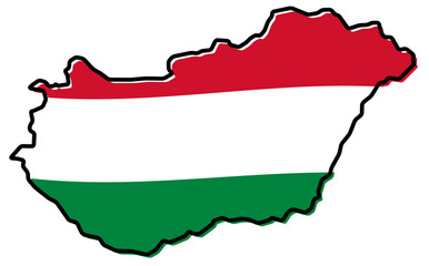 Simplified map of Hungary outline, with slightly bent flag under it.