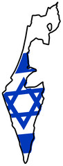 State of Israel (without Palestine; excluding Gaza strip and West Bank) simplified map outline, with slightly bent flag under it.