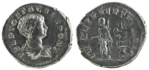 Ancient Roman silver denarius coin of Emperor Geta.