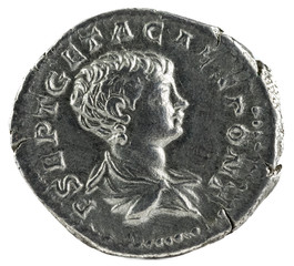 Ancient Roman silver denarius coin of Emperor Geta. Obverse.