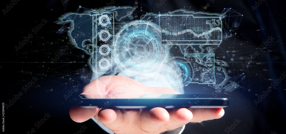 Poster man holding a technology interface 3d rendering