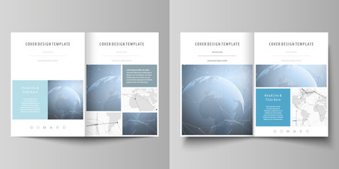 The white colored vector illustration of the editable layout of two A4 format modern covers design templates for brochure, flyer, report. World globe on blue. Global network connections, lines and