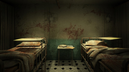 horror and creepy ward room in the hospital .3D rendering - obrazy, fototapety, plakaty