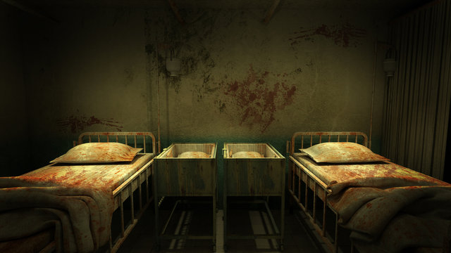 horror and creepy ward room in the hospital .3D rendering