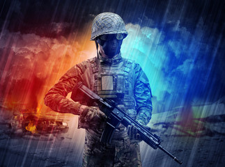 Armed soldier with sniper in the middle of a dust storm
