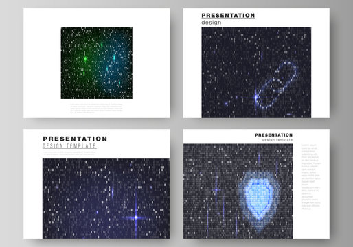 The minimalistic abstract vector layout of the presentation slides design business templates. Binary code background. AI, big data, coding or hacker concept, digital technology background.